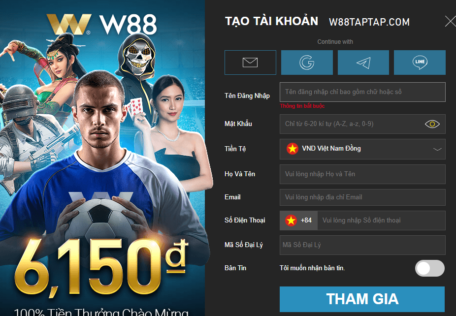 Các trường thông tin đăng ký W88