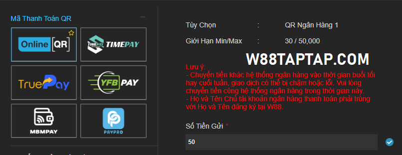 Nạp tiền W88 qua QR