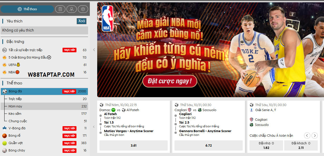 Kèo cược tại sảnh thể thao W88 BTI