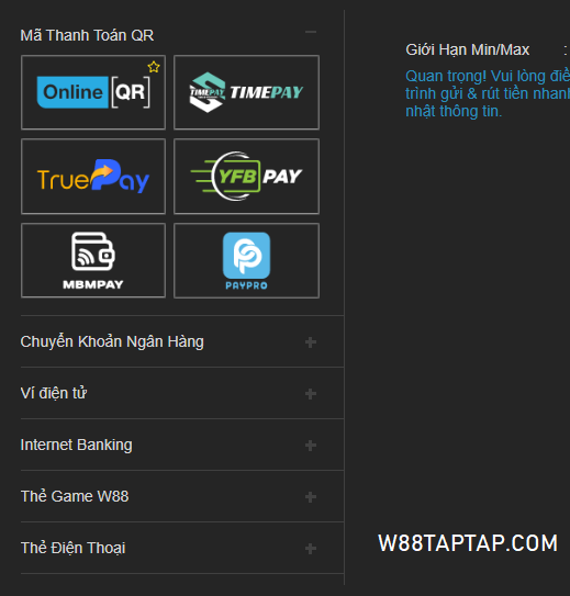 Đa dạng phương thức nạp tiền W88 Đa dạng phương thức nạp tiền W88