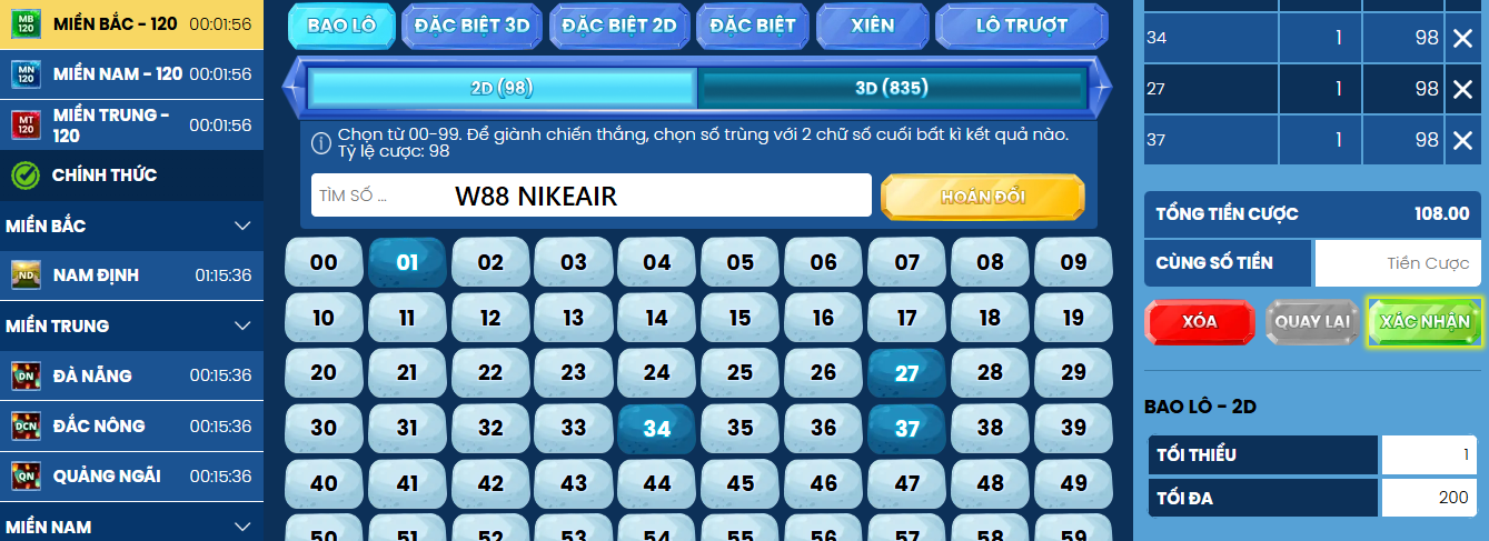 Tham gia chơi xổ số miền Bắc W88